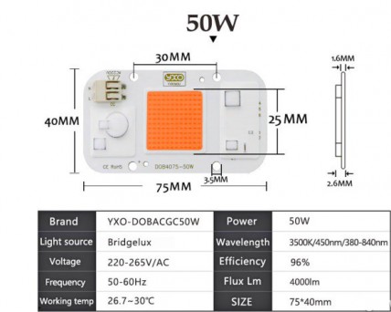 COB Матрица Флора 50Вт для гидропоники 220V